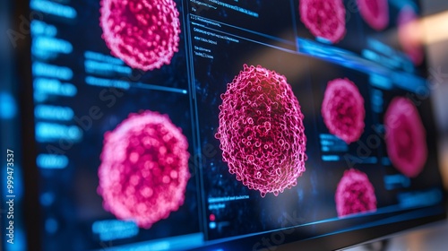 A close-up view of colorful, digital representations of cells displayed on a screen, showcasing intricate details and scientific data.