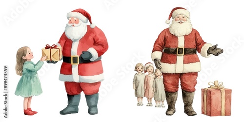 Watercolor Collection Santa Claus interacting with children, one holding a gift. Festive scenes embodying the spirit of Christmas celebrations. photo