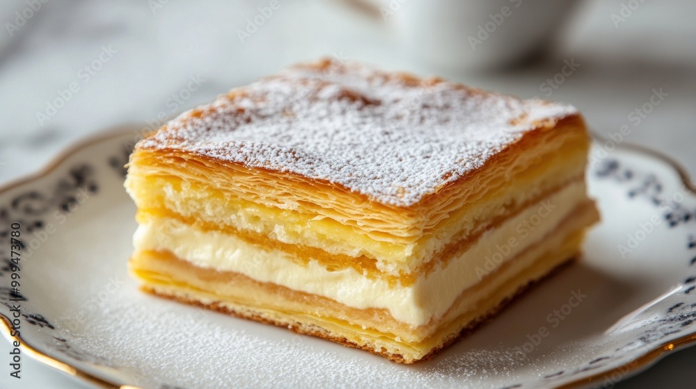 Napoleon cake or vanilla custard slice are other names for this slice of mille-feuille cake. dessert consisting of layers of pastry cream and puff pastry. Napoleon cake or vanilla custard slice are other names for this slice of mille-feuille cake. dessert consisting of layers of pastry cream and puff pastry.