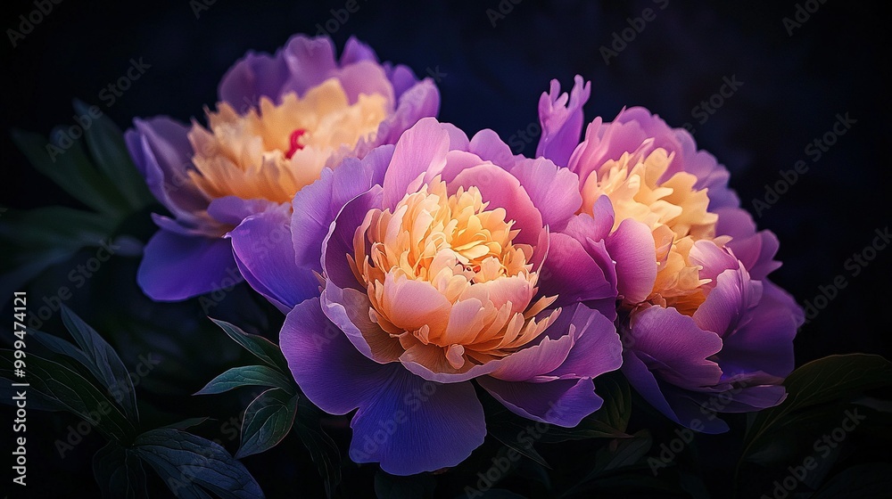 A lush forest of purple and yellow flowers thrives atop verdant leaves A lush forest of purple and yellow flowers thrives atop verdant leaves