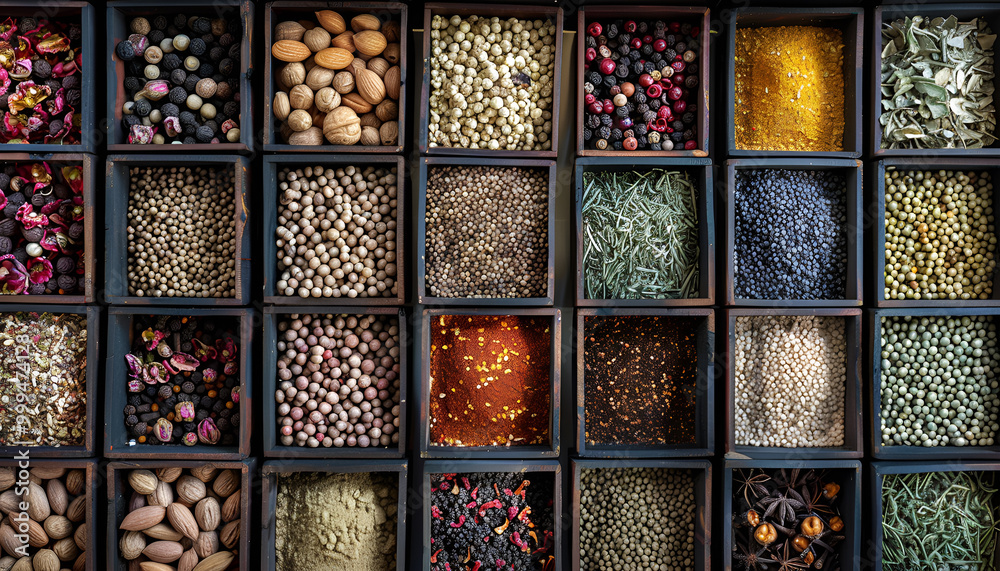 spice shop with a large display of spices in square cells. Spices, nuts and dried flowers on display for sale at a spice market spice shop with a large display of spices in square cells. Spices, nuts and dried flowers on display for sale at a spice market