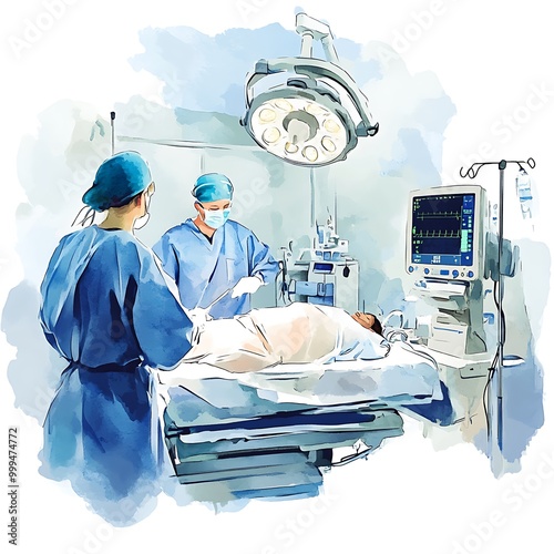 Watercolor Illustration of Surgeons Operating in an Operating Room.