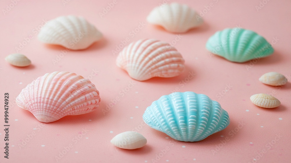 Group of seashells resting on a pink table Group of seashells resting on a pink table