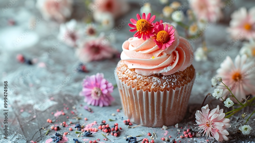 Tan surfaced colorful cupcake with fresh decorations
