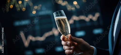 Businessperson popping champagne in a sleek office, financial charts showing record profits on the wall, Success, corporate celebration