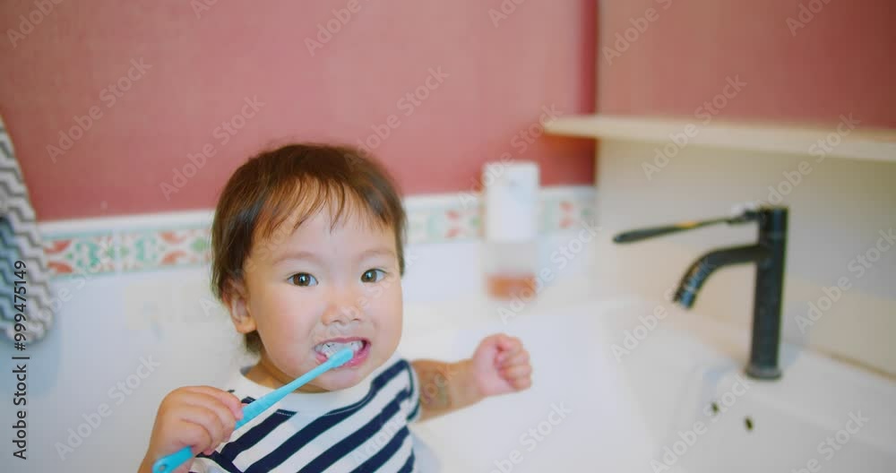 Happy Adorable little Child Brushing Teeth Smiling in Bathroom Morning Routine at Home Interior, showcasing a morning hygiene routine and healthy habits, Personal Care, Family Life, Childhood Moments Happy Adorable little Child Brushing Teeth Smiling in Bathroom Morning Routine at Home Interior, showcasing a morning hygiene routine and healthy habits, Personal Care, Family Life, Childhood Moments