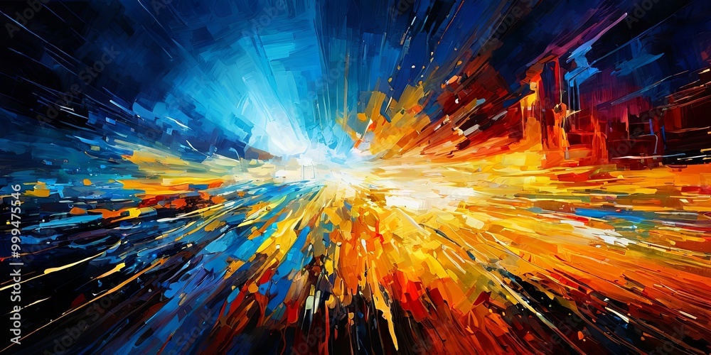 A painting of a bright blue and orange sky with a city in the background A painting of a bright blue and orange sky with a city in the background