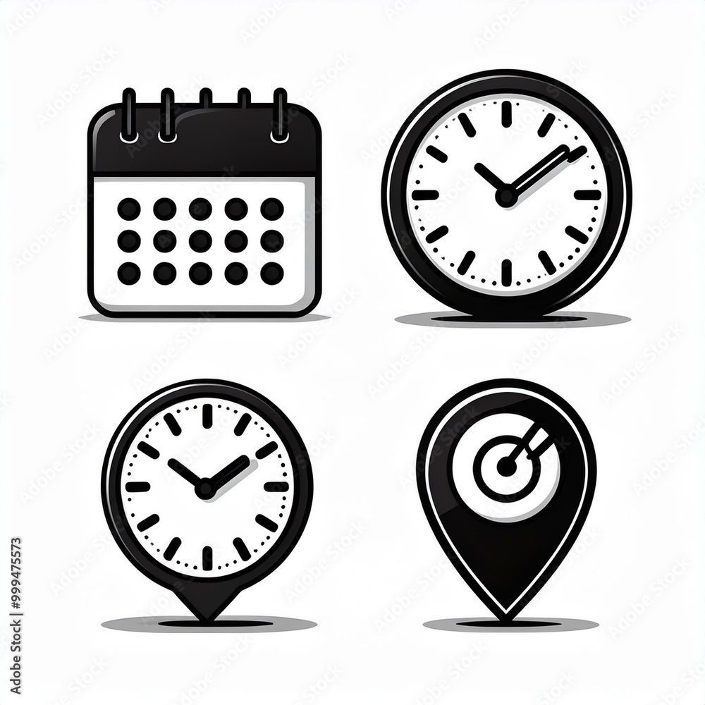 Schedule & Navigate: Clock, Calendar, and Pin Illustrations
Schedule & Navigate: Clock, Calendar, and Pin Illustrations