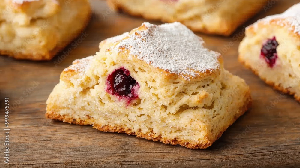Delicious homemade scone with berry filling, lightly dusted with powdered sugar, perfect for breakfast or afternoon tea. Delicious homemade scone with berry filling, lightly dusted with powdered sugar, perfect for breakfast or afternoon tea.