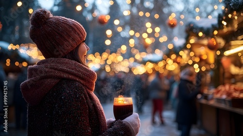 Festive Christmas Market at Night with Twinkling Lights Bustling Stalls and Bundled Up Shoppers