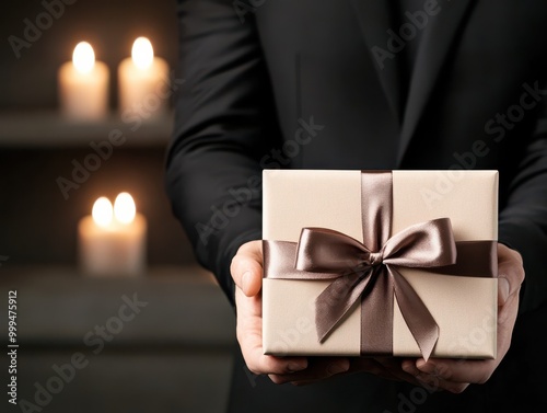 Elegant gift presentation with a stylish package and soft candlelight background, perfect for celebrations and special occasions.