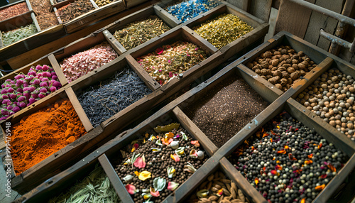 spice shop with a large display of spices in square cells. Spices, nuts and dried flowers on display for sale at a spice market