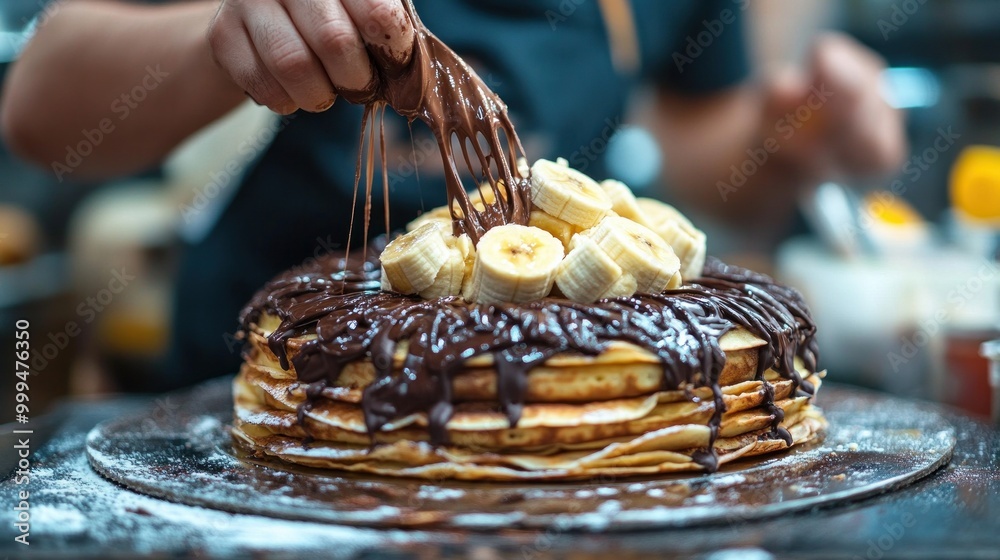 Making crepe cakes with chocolate and banana on the street Making crepe cakes with chocolate and banana on the street