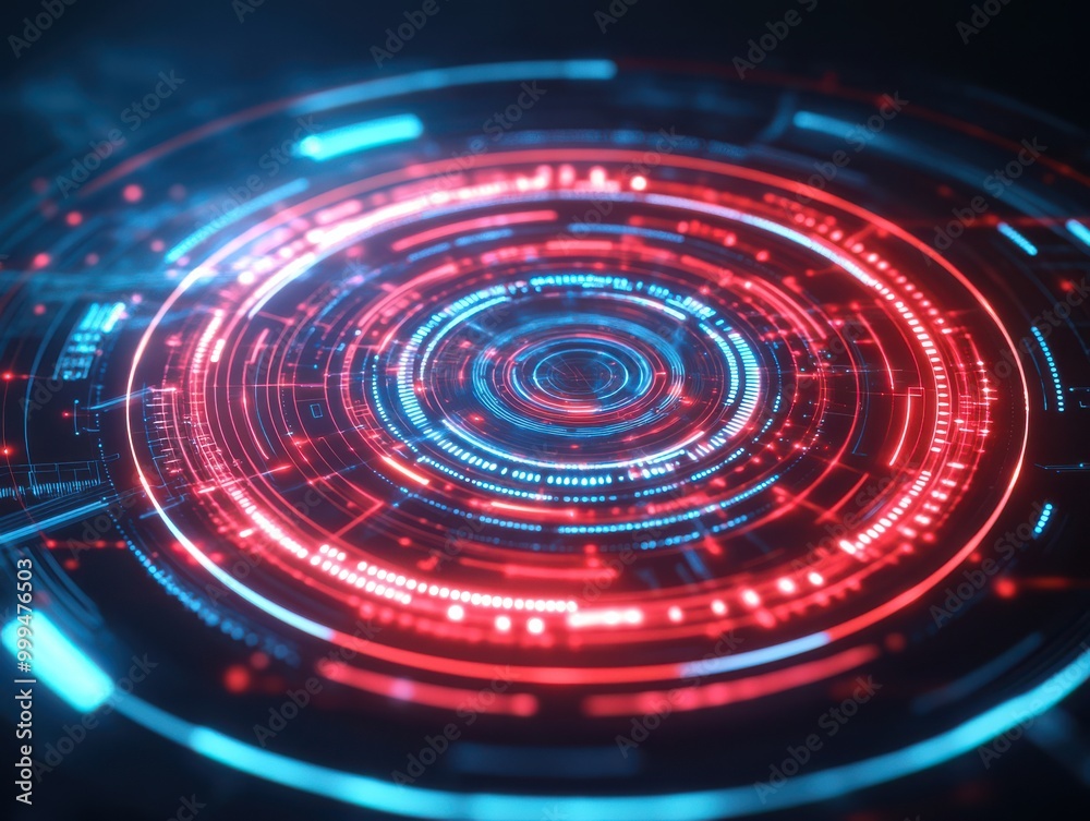 Futuristic digital interface showcasing vibrant red and blue circular patterns with a high-tech design and glowing elements.