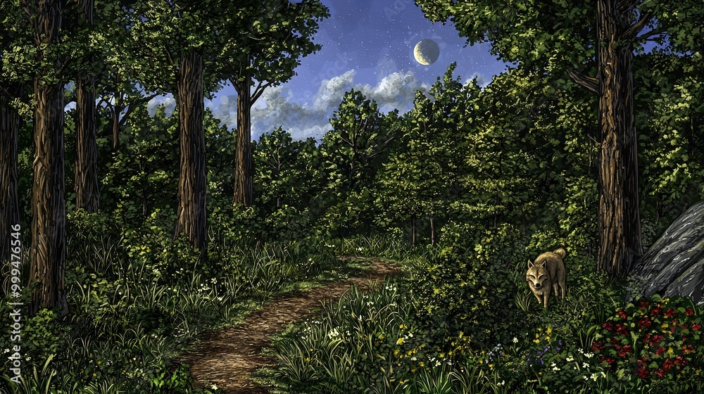 Fototapeta premium A path through a moonlit forest with a dog on one side and a full moon on the other