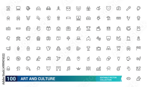 Art and culture line icons collection. History and culture icon pack. Museum, buildings, music, entertainment icons. Thin outline icons pack. Vector illustration