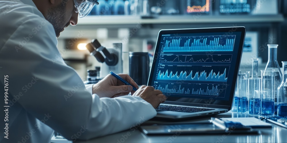 a scientist entering data into a laptop, surrounded by lab instruments and graphs on the screen. a scientist entering data into a laptop, surrounded by lab instruments and graphs on the screen.