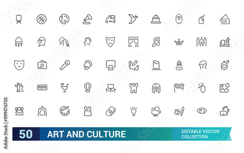 Art and culture line icons collection. History and culture icon pack. Museum, buildings, music, entertainment icons. Thin outline icons pack. Vector illustration