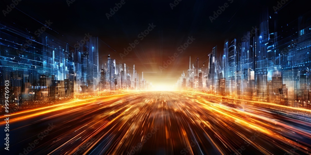 Obraz premium A cityscape with a bright orange sun in the background