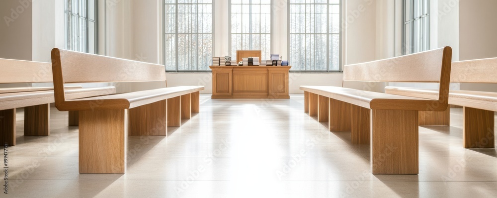 Fototapeta premium Interior view of a modern courtroom featuring wooden benches and a judge's podium with natural light enhancing the ambiance.