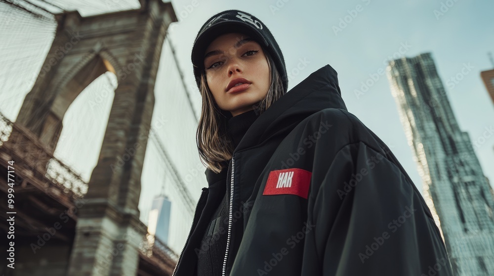 Fashion Finesse: Modern Urbanity - Stylish Model Poses in Trendy Streetwear at Iconic City Landmark Fashion Finesse: Modern Urbanity - Stylish Model Poses in Trendy Streetwear at Iconic City Landmark
