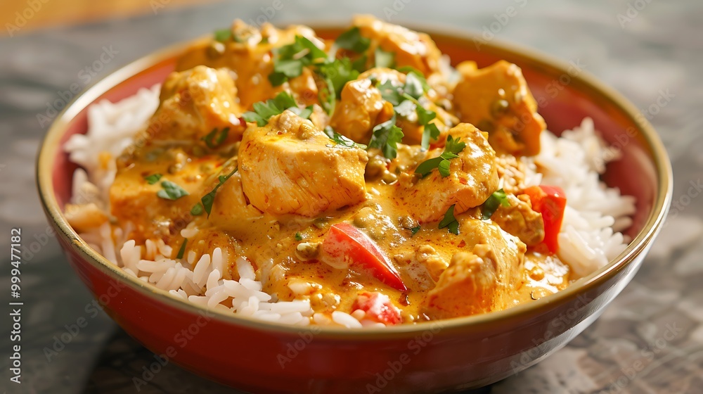 Tasty bowl of chicken curry served over rice on a red dish Tasty bowl of chicken curry served over rice on a red dish