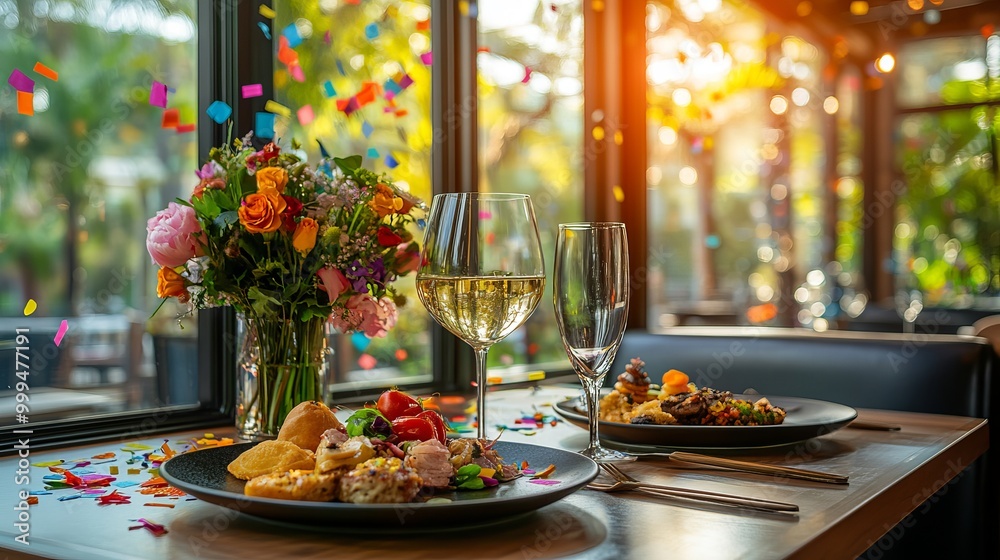 Fototapeta premium Fine dining experience with colorful decorations and elegant table setting