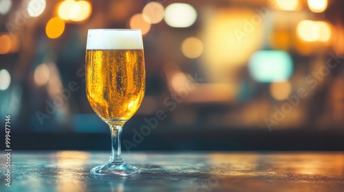 The craft beer glass is filled with golden liquid and frothy foam, resting on a rustic bar counter as warm lights create a relaxed atmosphere