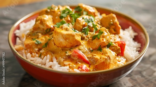 Tasty bowl of chicken curry served over rice on a red dish