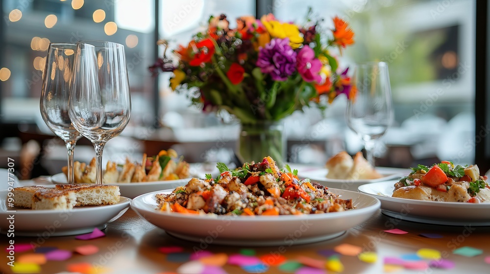 Vibrant dinner table with gourmet meals and fresh flowers Vibrant dinner table with gourmet meals and fresh flowers
