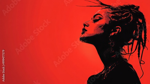 A woman with dreadlocks poses against a vibrant red background in profile