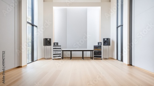 Modern studio interior featuring audio equipment and large windows, perfect for music production and creative sessions.