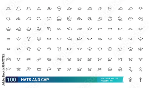 Hats And Cap Line icon collection, beanie, gentleman bowler, baseball cap, sun vizor, beret and more, Editable stroke icons set, Pixel perfect, vector illustration.