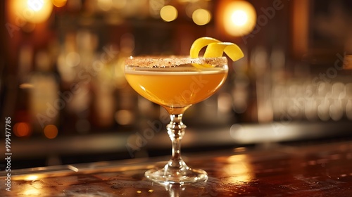 A classic Sidecar cocktail served in a glass with a sugar rim, garnished with a twist of lemon. The glass is placed on a polished bar with a vintage, elegant atmosphere,  photo