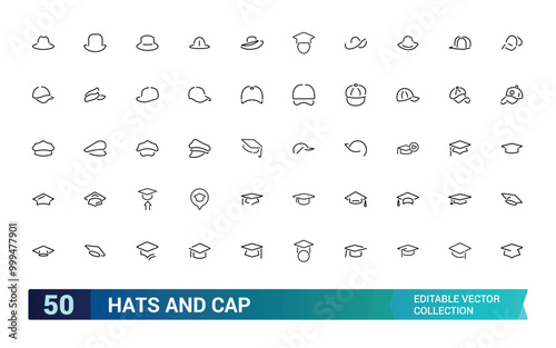 Hats And Cap Line icon collection, beanie, gentleman bowler, baseball cap, sun vizor, beret and more, Editable stroke icons set, Pixel perfect, vector illustration. photo