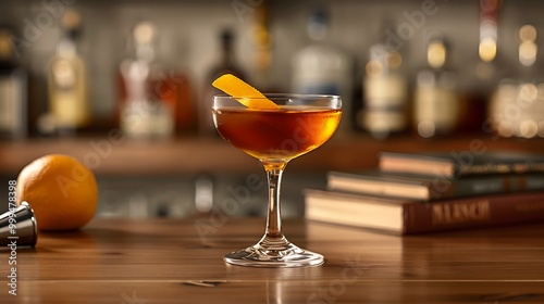 A classic Hanky Panky cocktail served in a coupe glass, with a bright orange twist garnish. The glass is placed on a polished bar with a backdrop of vintage cocktail books and tools, 