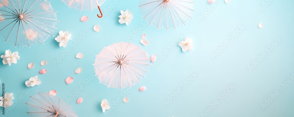 Fototapeta premium Soft pastel background featuring delicate umbrellas and flower petals, creating a serene and whimsical atmosphere.
