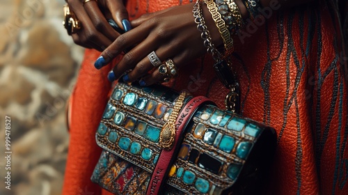 Elegant Woman's Fashion Accessories - Close-up of Model's Manicured Hands with Rings and Bracelets Holding Stylish Handbag on Textured Surface