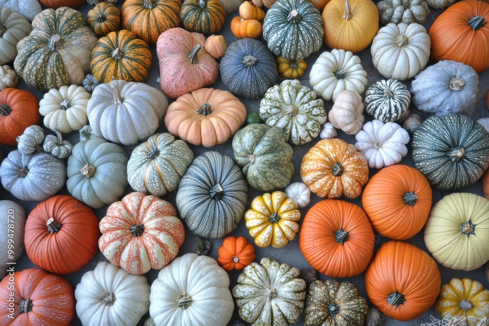 A vibrant array of pumpkins in various colors and patterns displayed on a flat surface during autumn harvest time A vibrant array of pumpkins in various colors and patterns displayed on a flat surface during autumn harvest time