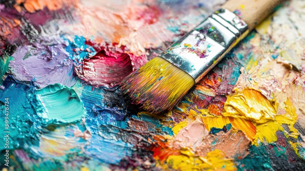 Obraz premium A variety of colorful paints and brushes lay scattered on a messy artist's palette, capturing the essence of creativity and inspiration
