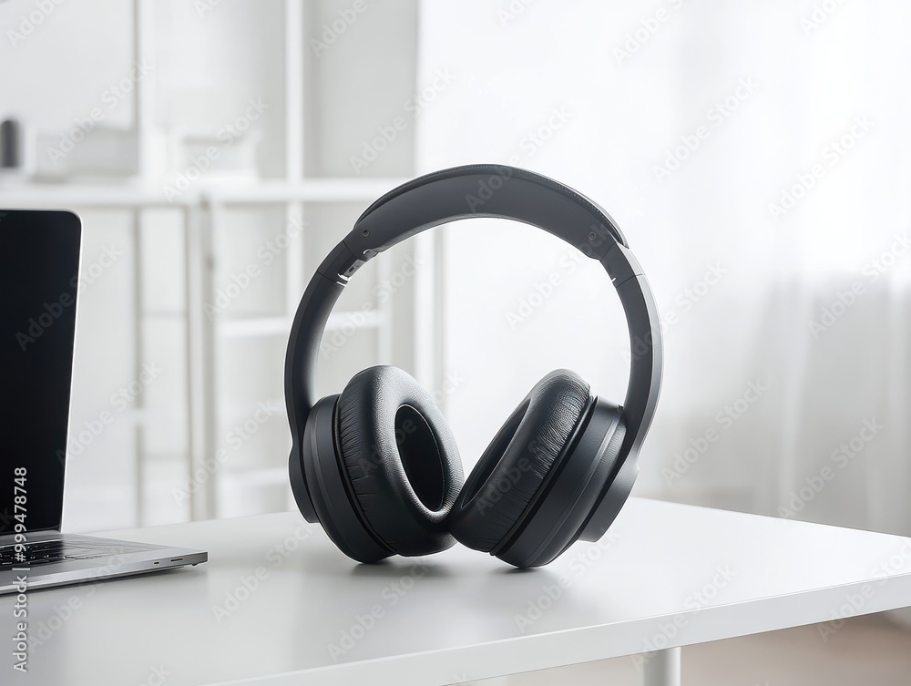 Stylish black headphones on a modern desk, perfect for music lovers and working professionals seeking audio quality. Stylish black headphones on a modern desk, perfect for music lovers and working professionals seeking audio quality.