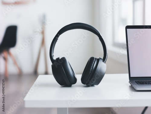 Stylish black headphones placed next to a laptop on a modern desk, perfect for music lovers and remote work settings.