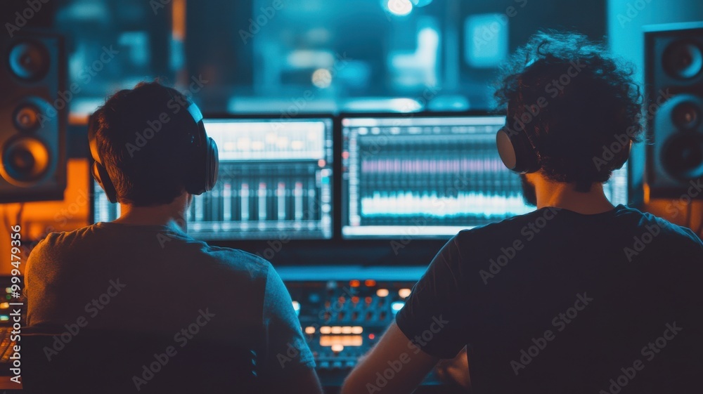 Two sound engineers collaborate in a modern studio, mastering tracks surrounded by vibrant lighting and professional equipment. Two sound engineers collaborate in a modern studio, mastering tracks surrounded by vibrant lighting and professional equipment.