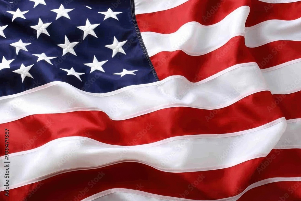 Waving American flag with stars and stripes displaying vibrant colors against a clear background Waving American flag with stars and stripes displaying vibrant colors against a clear background