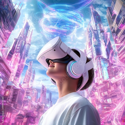 A person wearing a VR headset stands against a futuristic cityscape glowing with vibrant pink and blue lights, immersed in an imaginative digital experience.