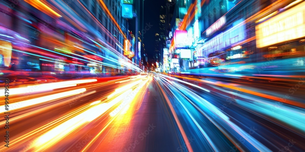 Obraz premium car headlights streaking through a city street at night, with motion blur creating dynamic light trails