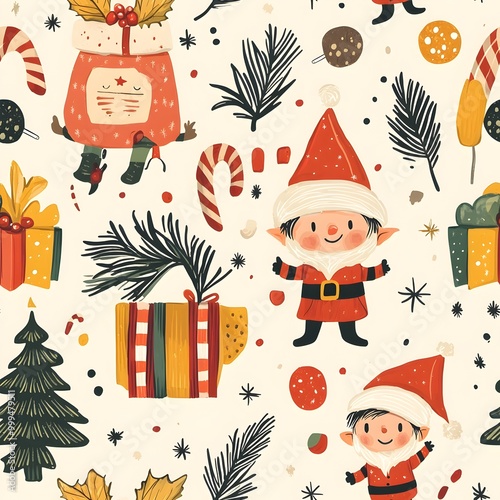 Joyful Christmas Workshop Elves Preparing for Festive in Minimal Style Pattern