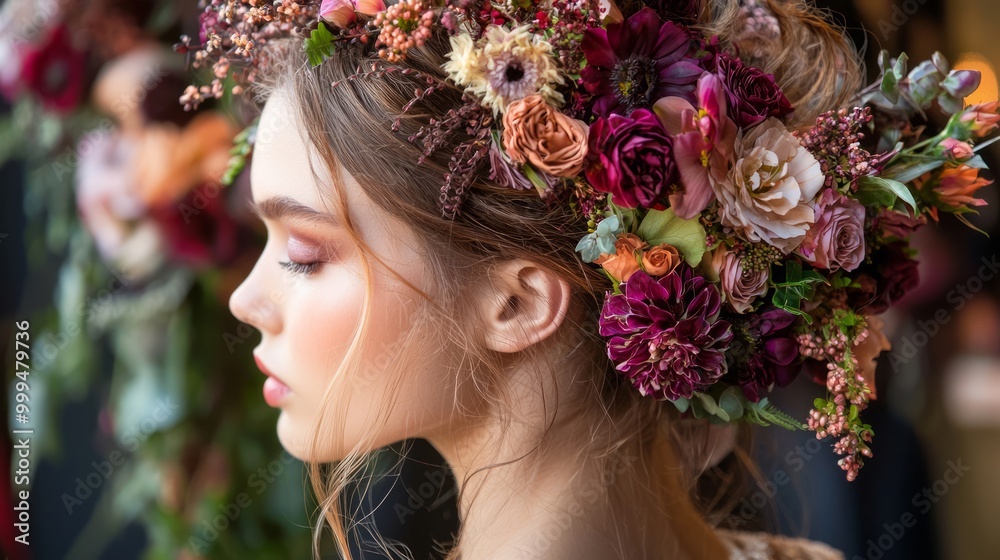 Enchanting Bohemian Beauty: Close-up of Model's Floral Adorned Intricate Hairstyle Exuding Carefree Elegance Enchanting Bohemian Beauty: Close-up of Model's Floral Adorned Intricate Hairstyle Exuding Carefree Elegance