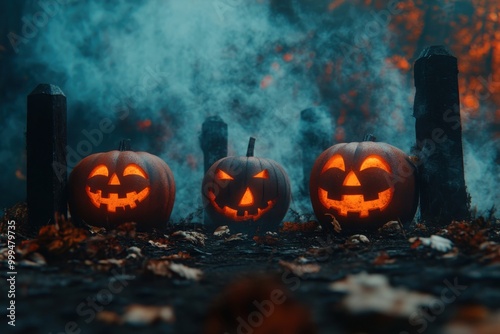 Spooky carved pumpkins illuminate a foggy forest during Halloween night with autumn leaves scattered on the ground