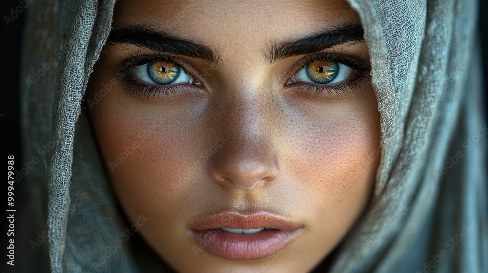 Close-up portrait of a young woman with striking eyes and a scarf. Close-up portrait of a young woman with striking eyes and a scarf.